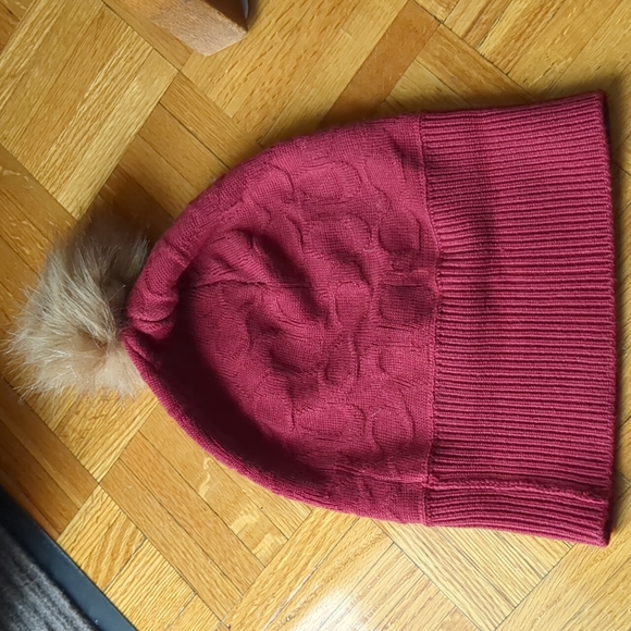 Coach Red Winter Logo Hat with Pom Pom - Picture 5 of 11